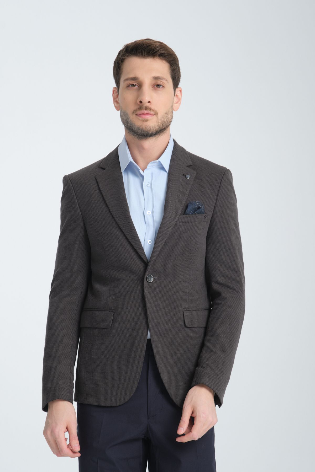 Frappoli Basure Erkek Koyu Gri Kendinden Desenli Esnek Kumaş Slim Fit Dar Kesim Blazer Ceket