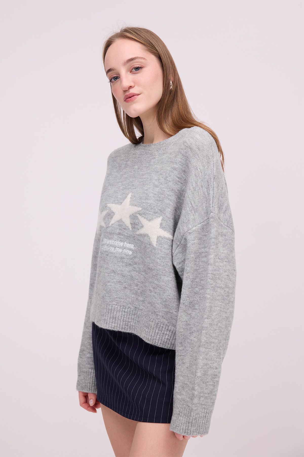 Addax-Crew Neck Star Pattern Knitwear Sweater K3450-A7 6