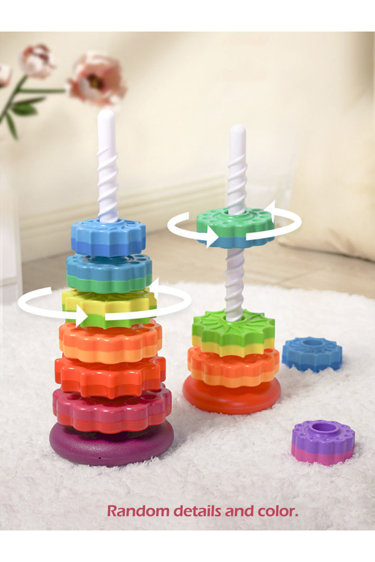 پازل چیدنی رنگارنگ ۵ طبقه مونته‌سوری بچگانه با برج چرخان رنگین‌کمانی ایمنی و محیط‌زیستی