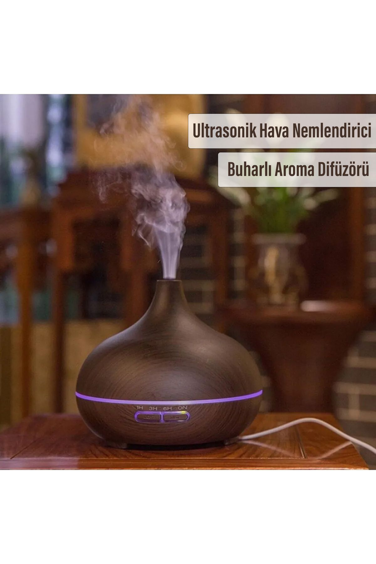 EXENAR Aroma Terapi Oda Hava Nemlendirici Işıklı Ultrasonik Buhar Makinesi Ahşap Görünüm 7 Renk Led Işıklı