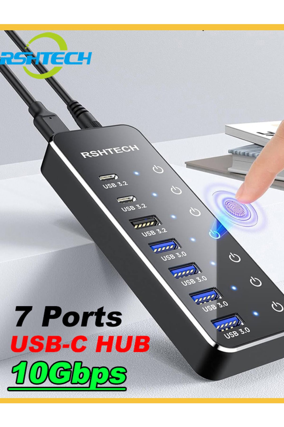 Choice-محول قابس الاتحاد الأوروبي Rshtech موزع USB C مزود بالطاقة بـ 7 منافذ مع منفذ USB-c 3.2 بسرعة 10 جيجابت في الثانية ومفتاح لمس فردي 7