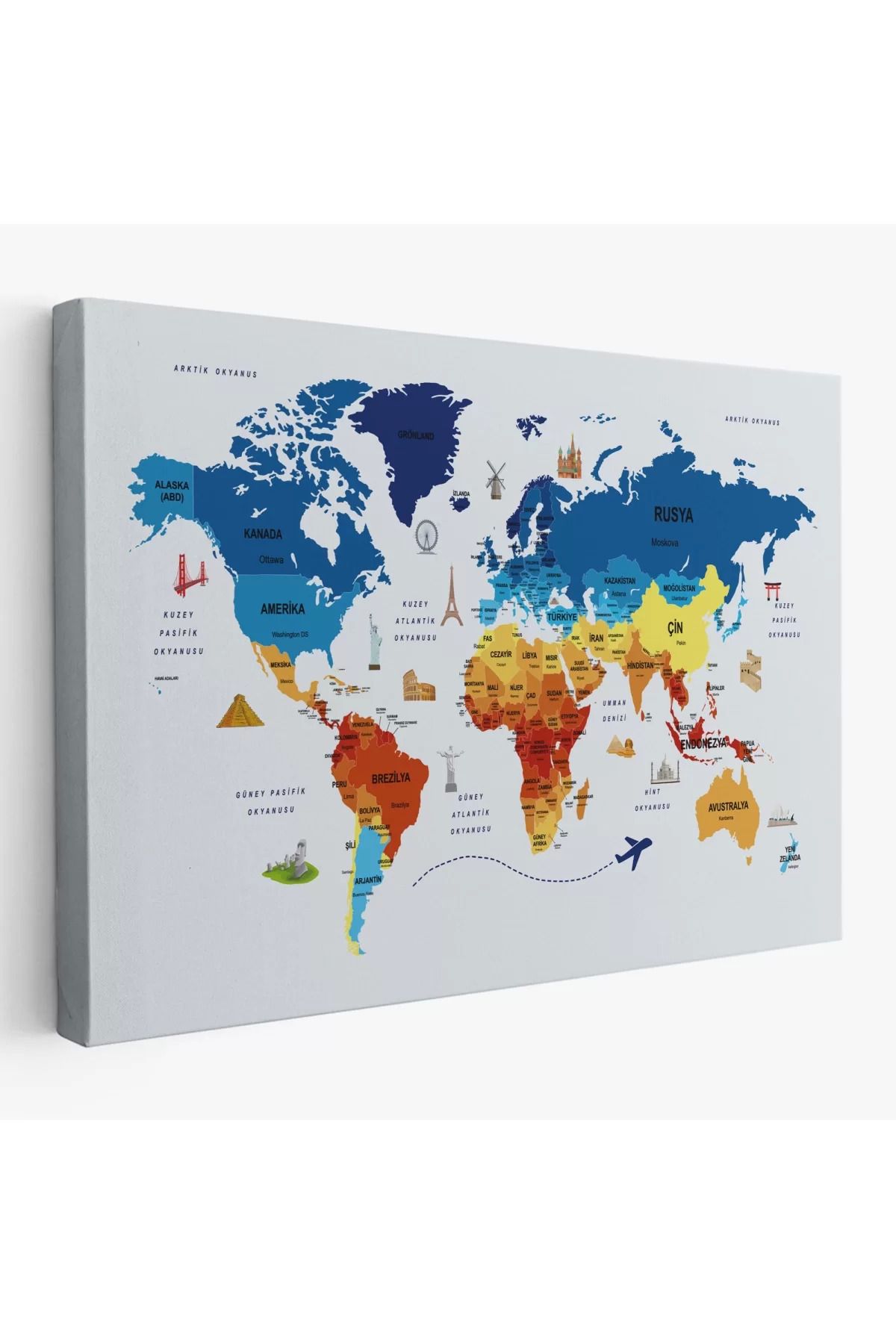 robotrend Türkçe Dünya Haritası Kanvas Tablo Ülke Başkentli Ve Ünlü Yerler Sembollü 2640
