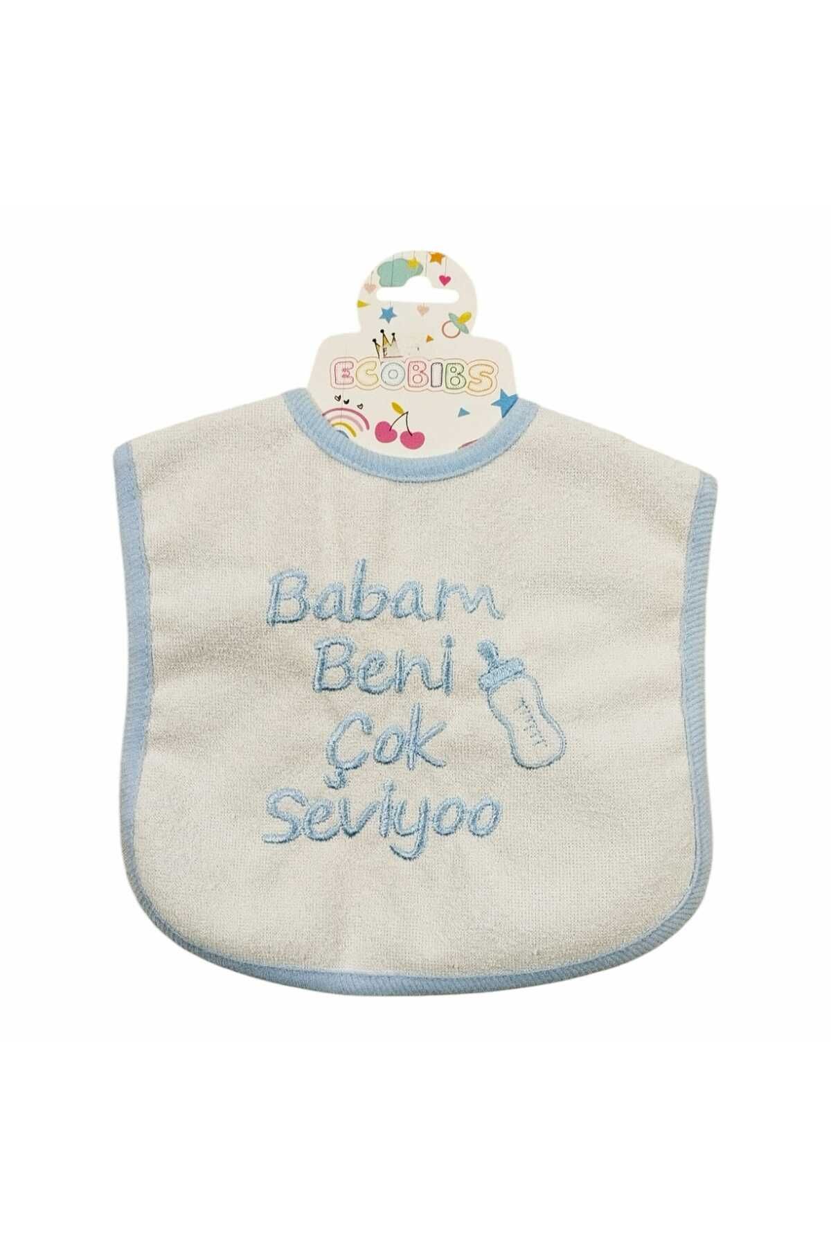 ECOBIBS Babam Beni Çok Seviyoo Yazılı Mama Önlüğü Mavi