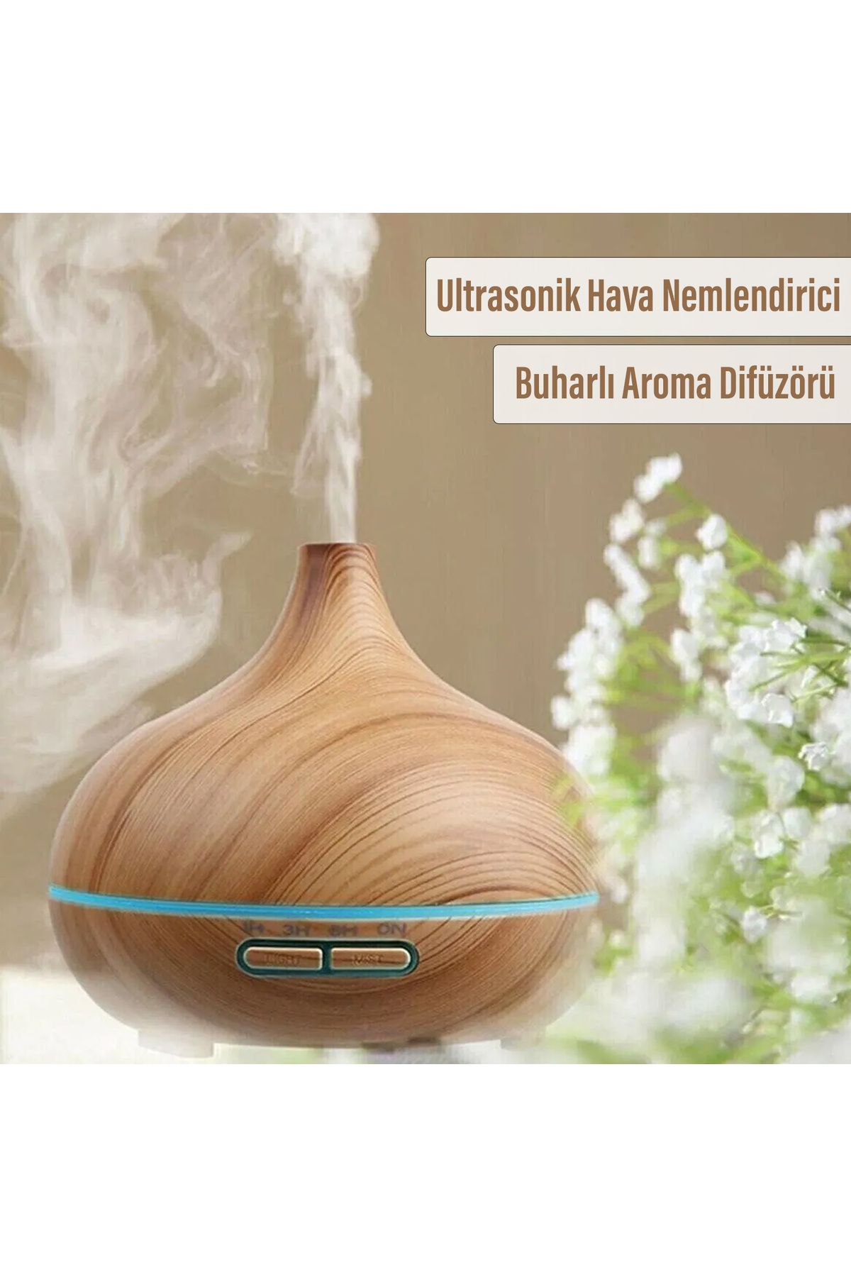 EXENAR Aroma Terapi Oda Hava Nemlendirici Işıklı Ultrasonik Buhar Makinesi Ahşap Görünüm 7 Renk Led Işıklı