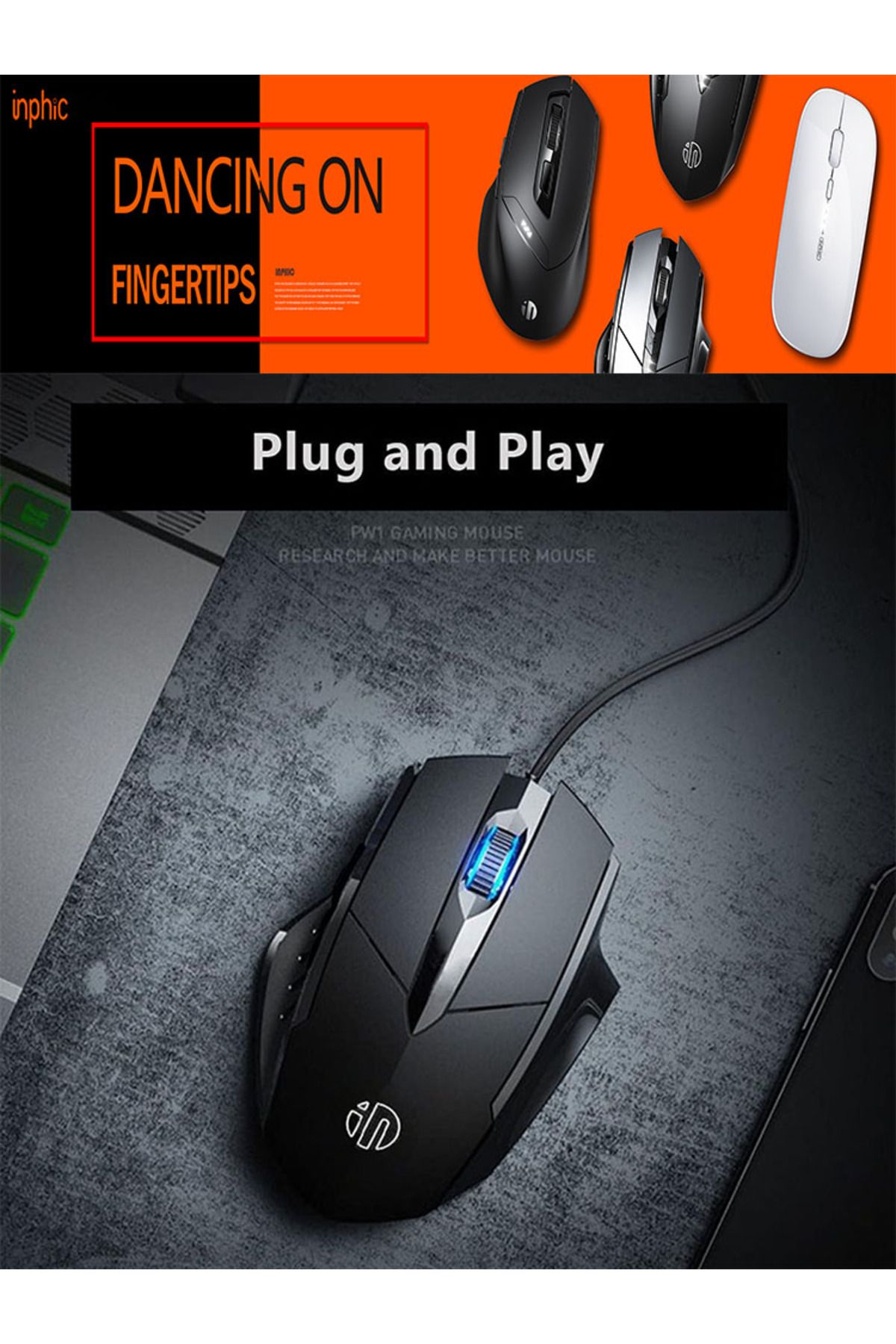 Choice-Black Inphic W1 Usb Computer Mouse, Silent Mouse 3 Button Wired Mouse, Office And Home Mouse, Ergono 8