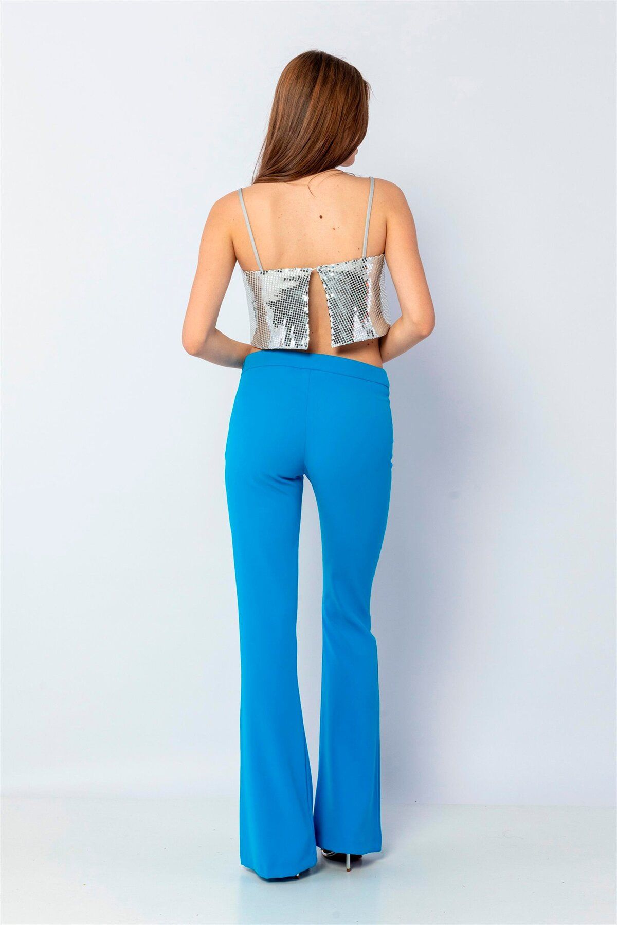 Green & Country-Blue Flare Trousers - High Waist and Accessory Detail 3