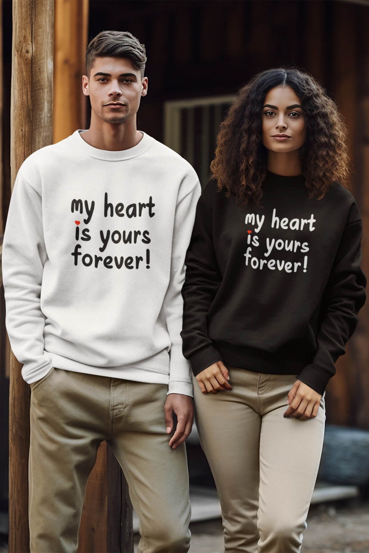 qoeuyl boutique My Heart Sevgili Çift Kombin Sevgililer Günü Hediye Baskılı Bisiklet Yaka Sweatshirt