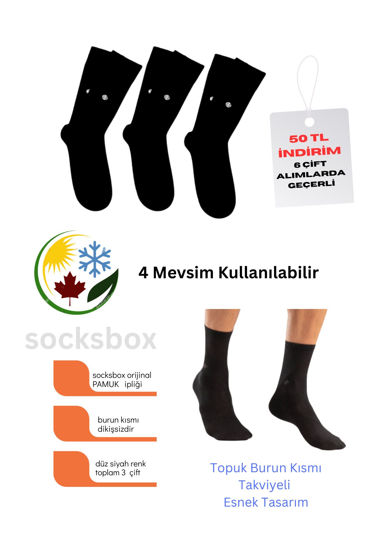 socksbox Pamuk Erkek Soket Uzun Siyah Çorap Dikişsiz 3 Çift/40-44