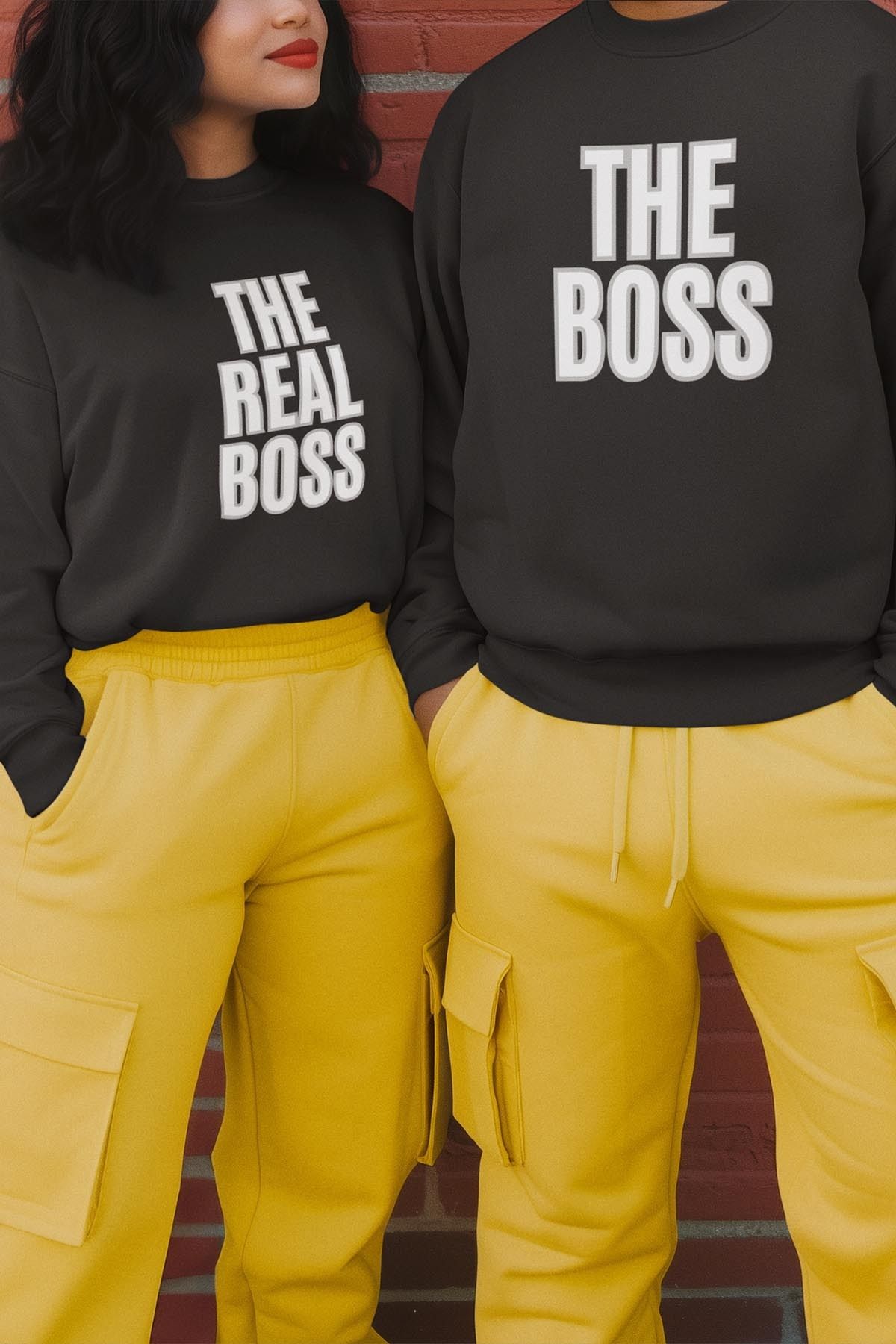 qoeuyl boutique The Boss The Real Boss Sevgili Çift Kombin Sevgililer Günü Hediye Baskılı Bisiklet Yaka Sweatshirt