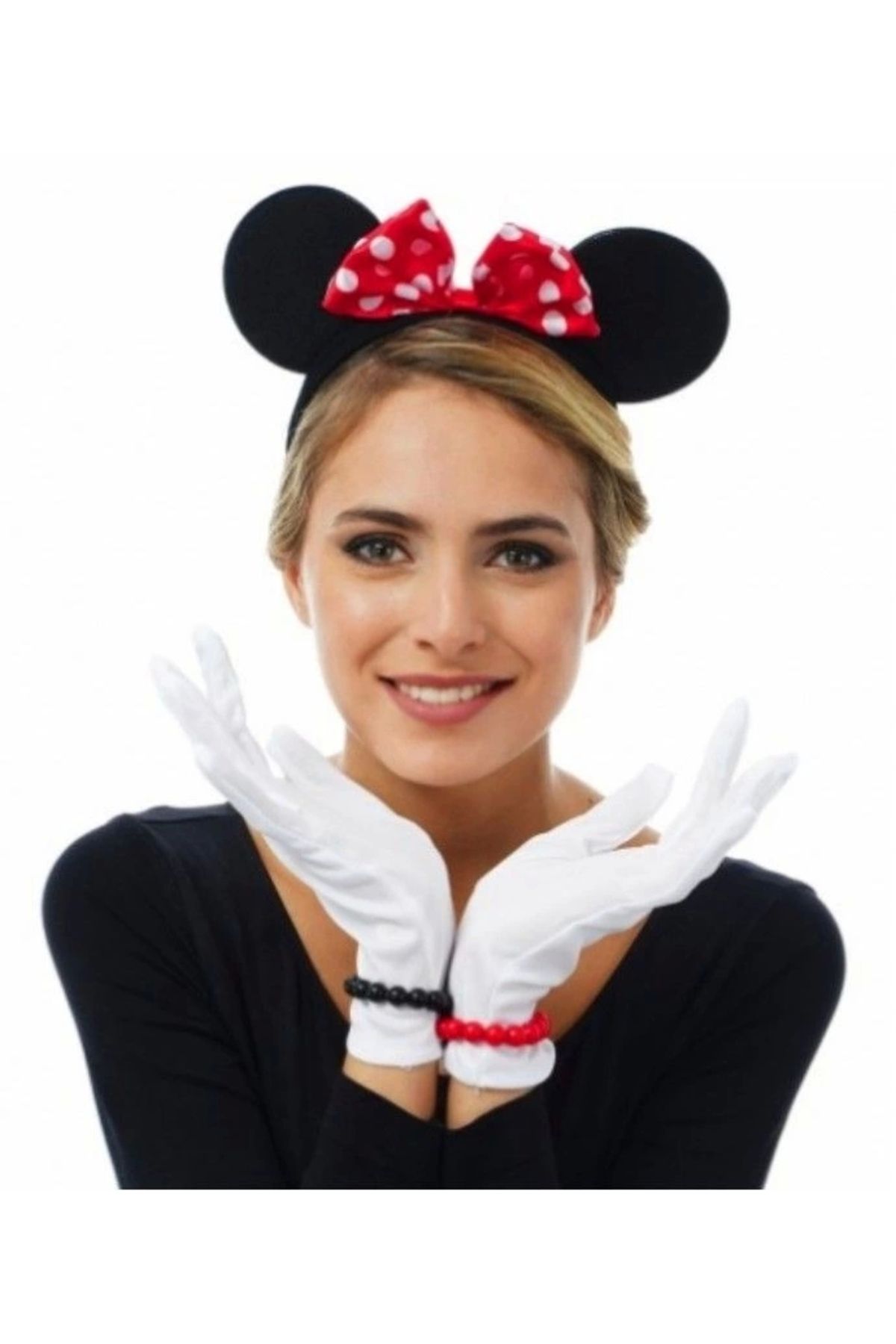 TWOX Çocuk Kırmızı Fiyonklu Minnie Mouse Tacı ve Beyaz Eldiven Seti