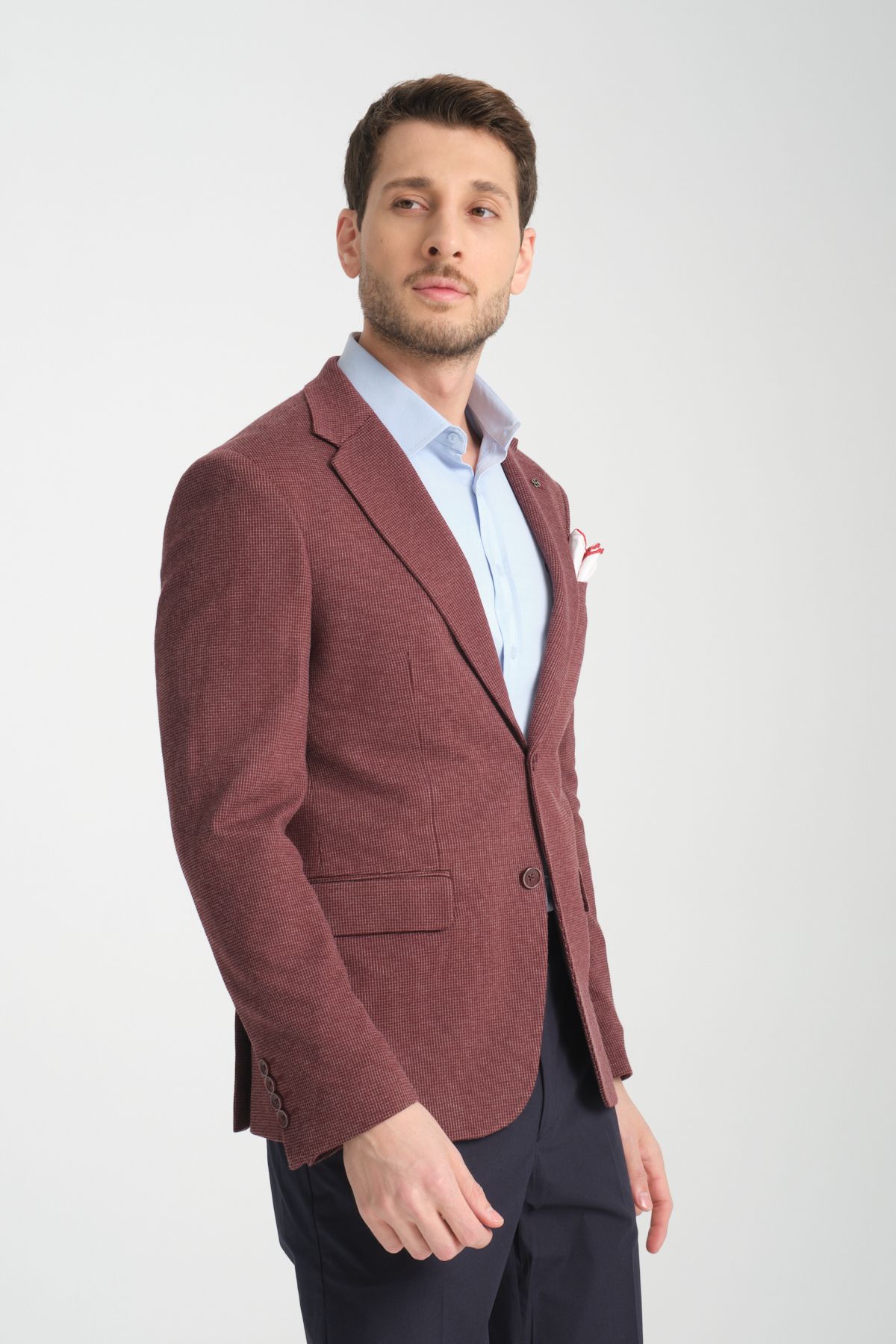 Frappoli Jasto Erkek Bordo Kendinden Desenli Örme Kumaş Slim Fit Dar Kesim Blazer Ceket