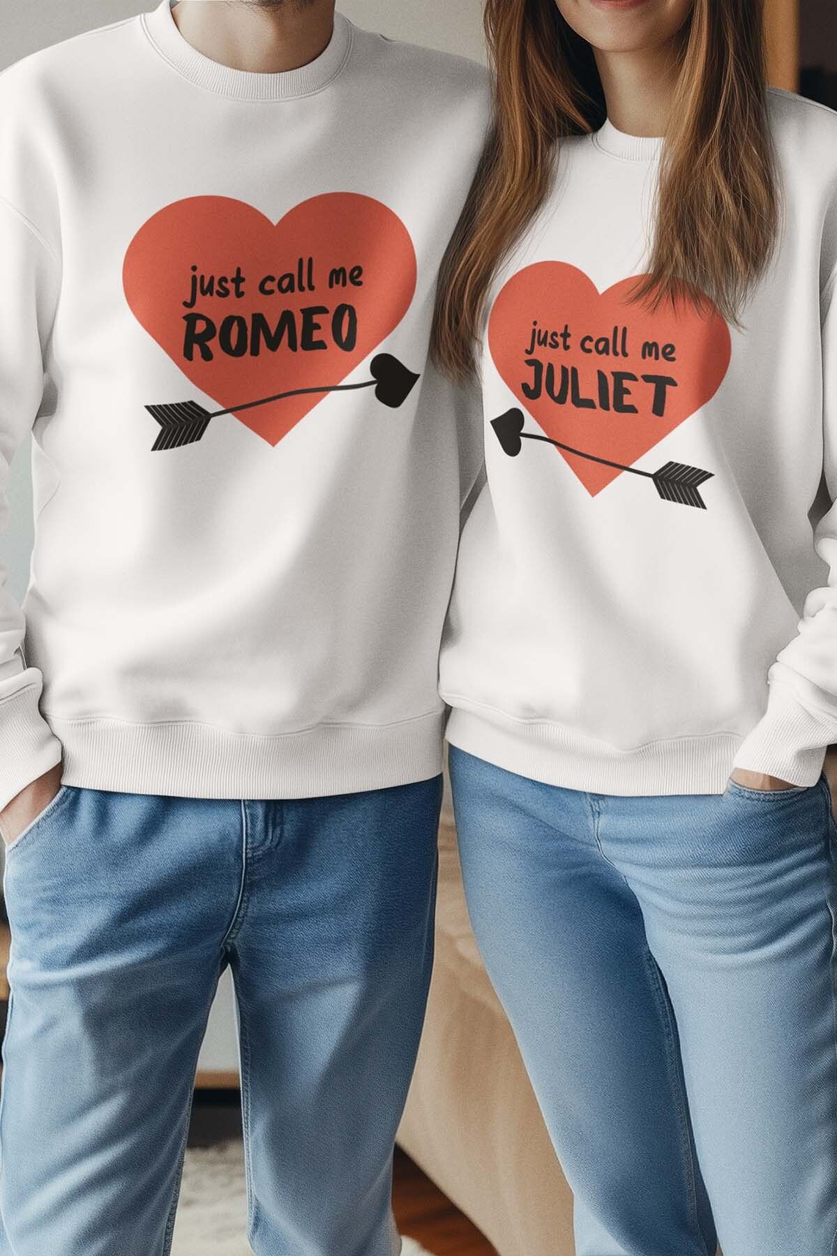 qoeuyl boutique Just Call Me Romeo Juliet Sevgili Çift Kombin Sevgililer Gün Hediye Baskılı Bisiklet Yaka Sweatshirt