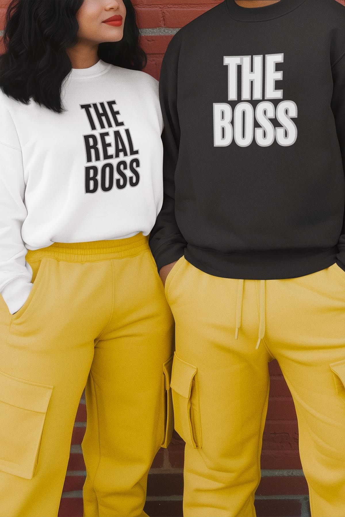 qoeuyl boutique The Boss The Real Boss Sevgili Çift Kombin Sevgililer Günü Hediye Baskılı Bisiklet Yaka Sweatshirt