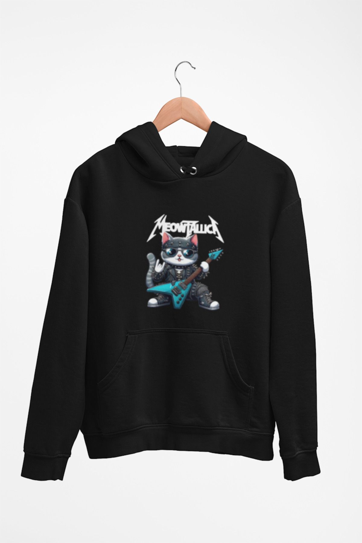 Tshirto MEOWTALLICA Baskılı 3 İplik Şardonlu Lacivert/Bej/Siyah Kapüşonlu Sweatshirt Hoodie