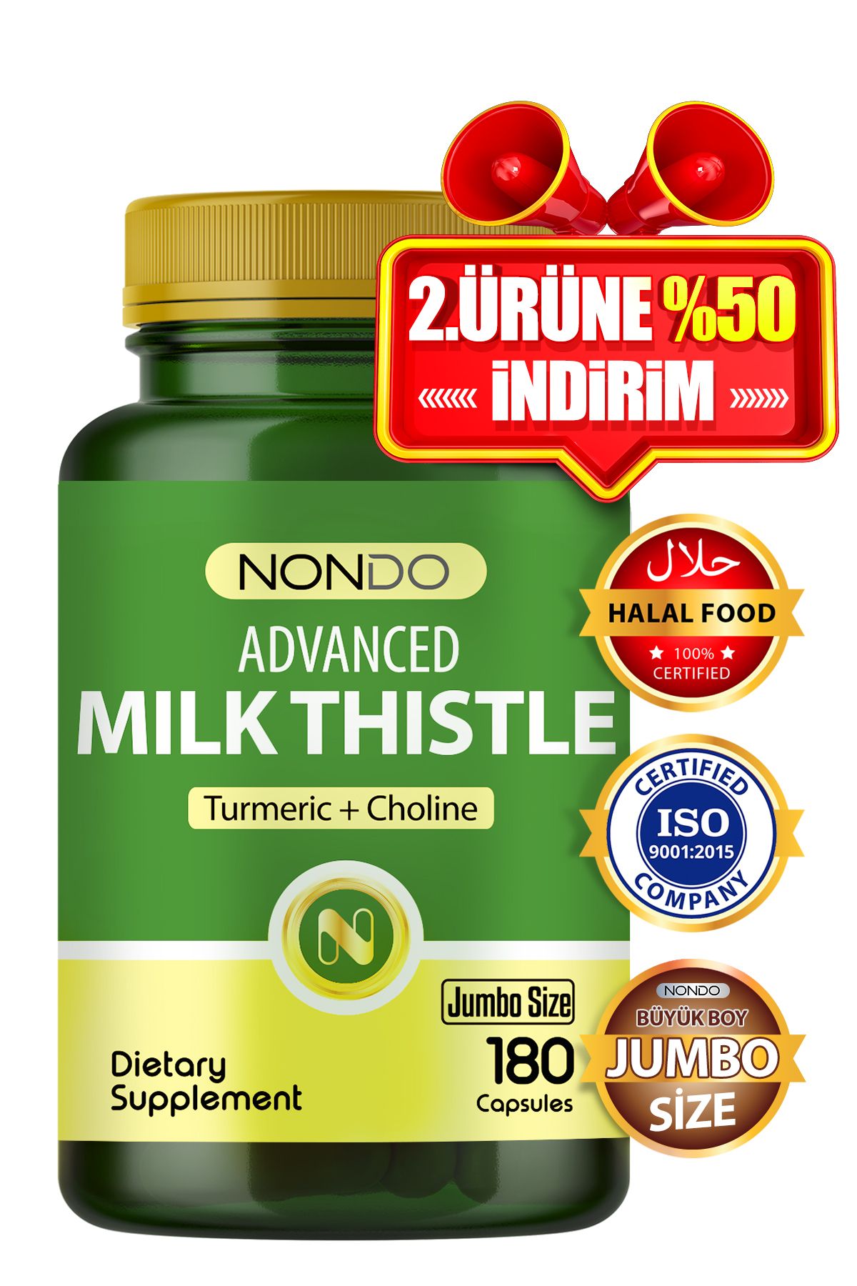 Nondo Milk Thistle 180 Kapsül Jumbo Boy ( Deve Dikeni, Enginar, Slibin, Kolin, Zerdeçal, Magnezyum)