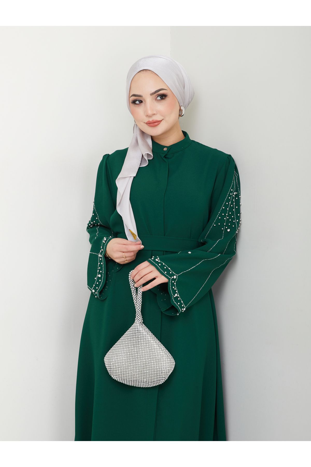 MY QILAM 10 NUMARA MODA  Tesettür Giyim Kadın Kolları Taşlı Ferace Elbise Zümrüt 10NMR4003