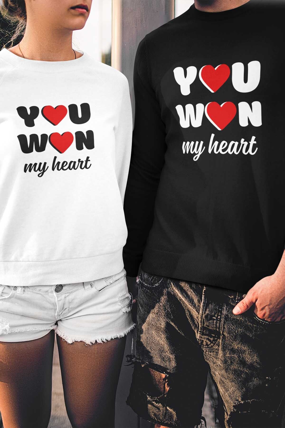 qoeuyl boutique You Won My Heart Sevgili Çift Kombin Sevgililer Günü Hediye Baskılı Bisiklet Yaka Sweatshirt