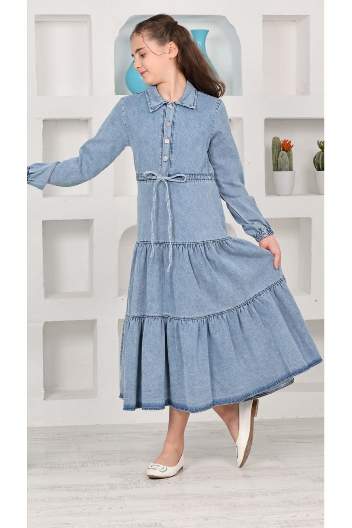 DUBAİ ÇOCUK-Girl's Length Button Detailed Denim Dress 4