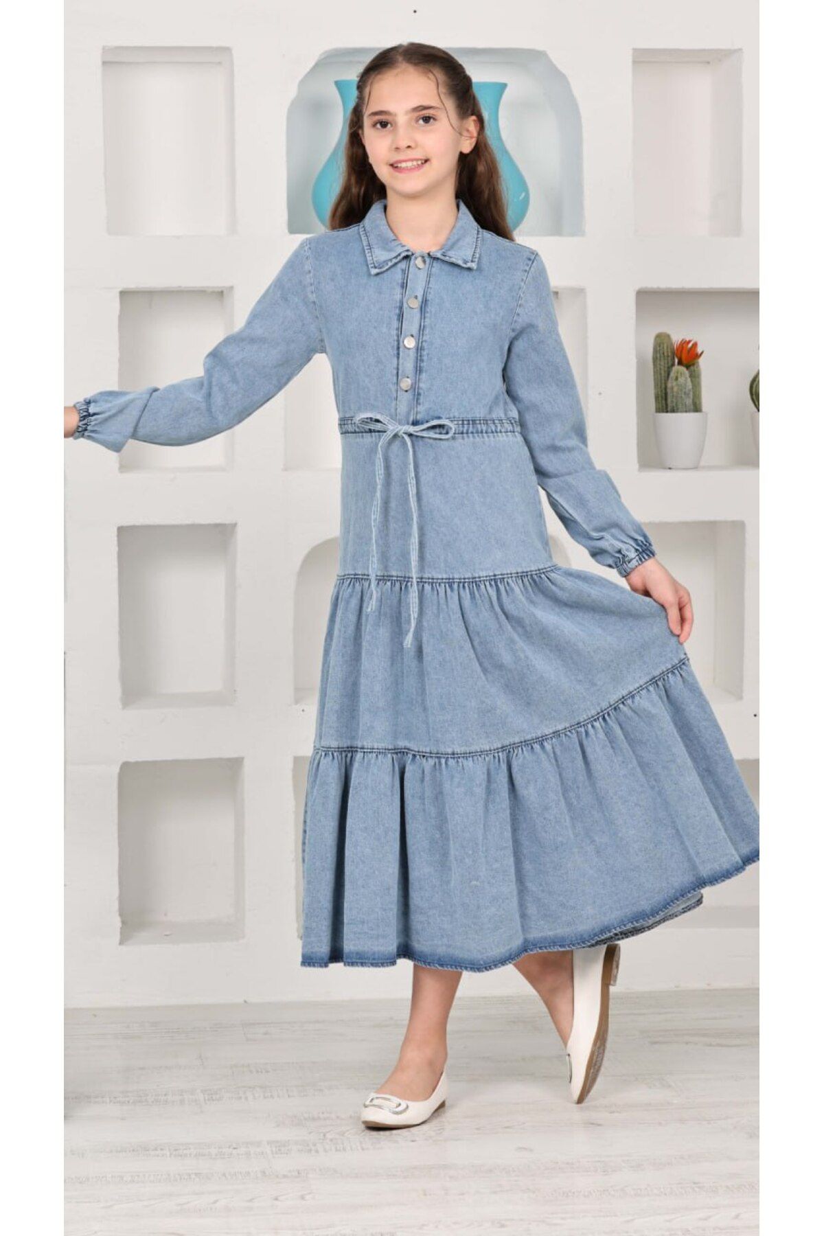 DUBAİ ÇOCUK-Girl's Length Button Detailed Denim Dress 5