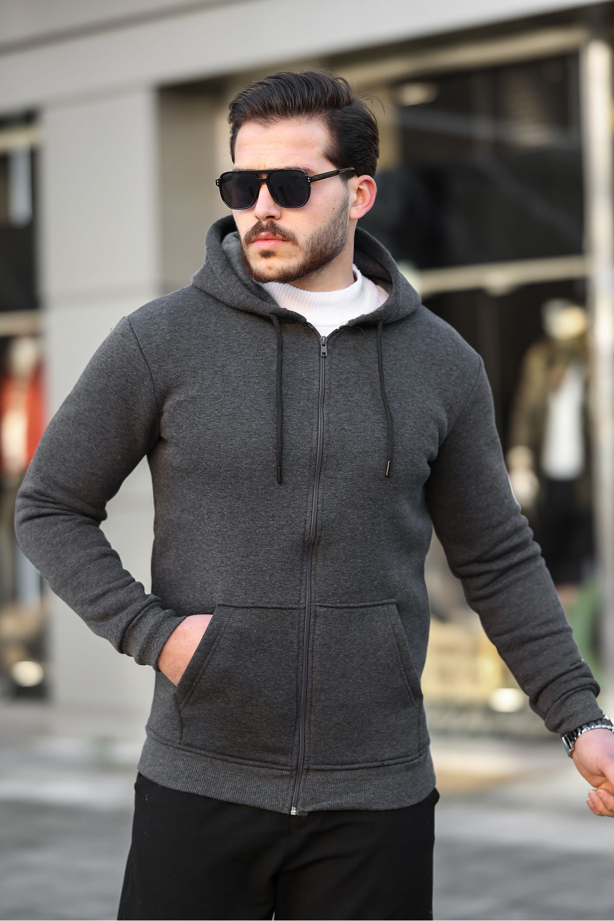 ixir 3 İplik Fermuarlı Pamuklu Sweatshirt Füme