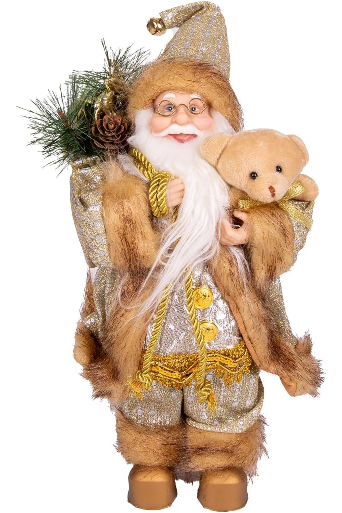 NcK Yılbaşı Noel Baba Hediye Çuvallı Pelüş Ayı Dekorlu Gold 30 Cm.