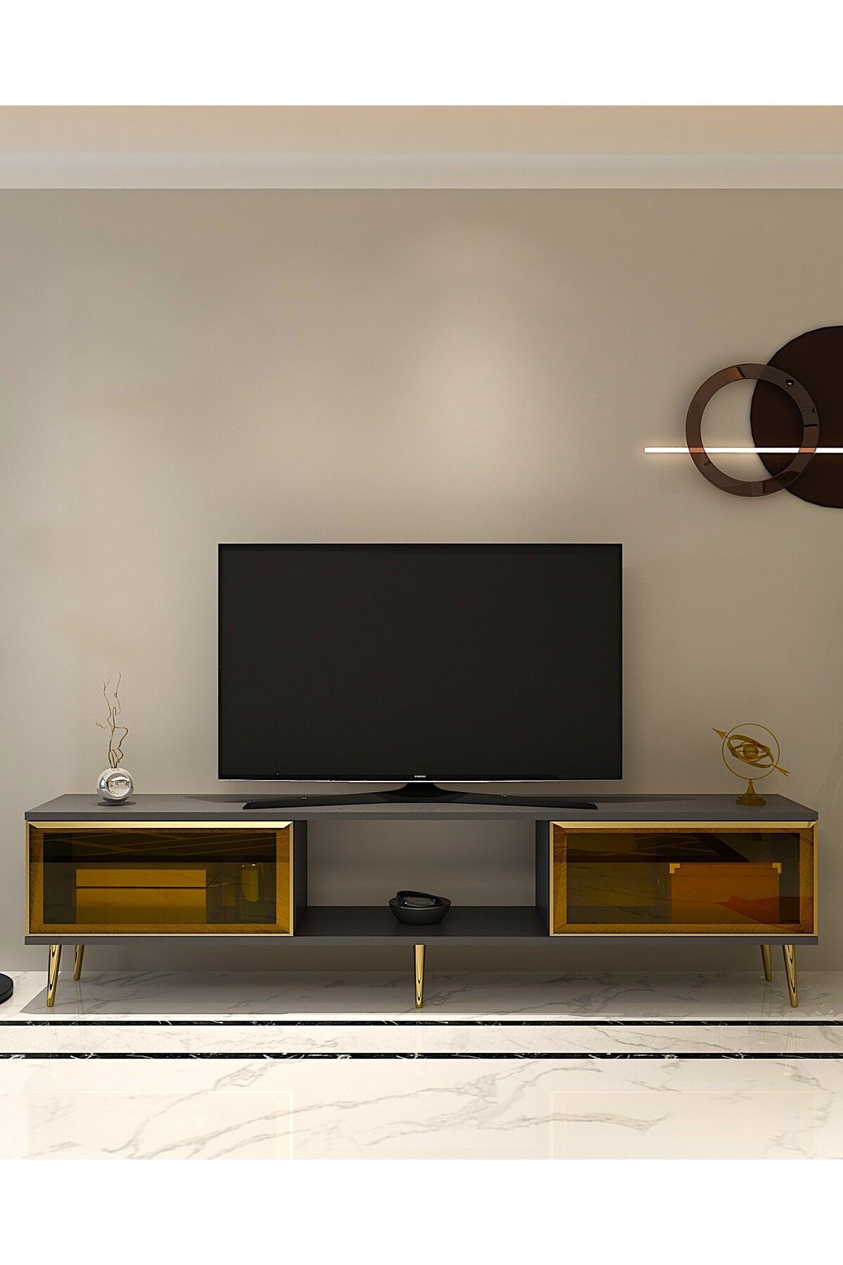 DEMONTE DECOR MELİNADD TV SEHPASI ANTRASİT-GOLD-BRONZ