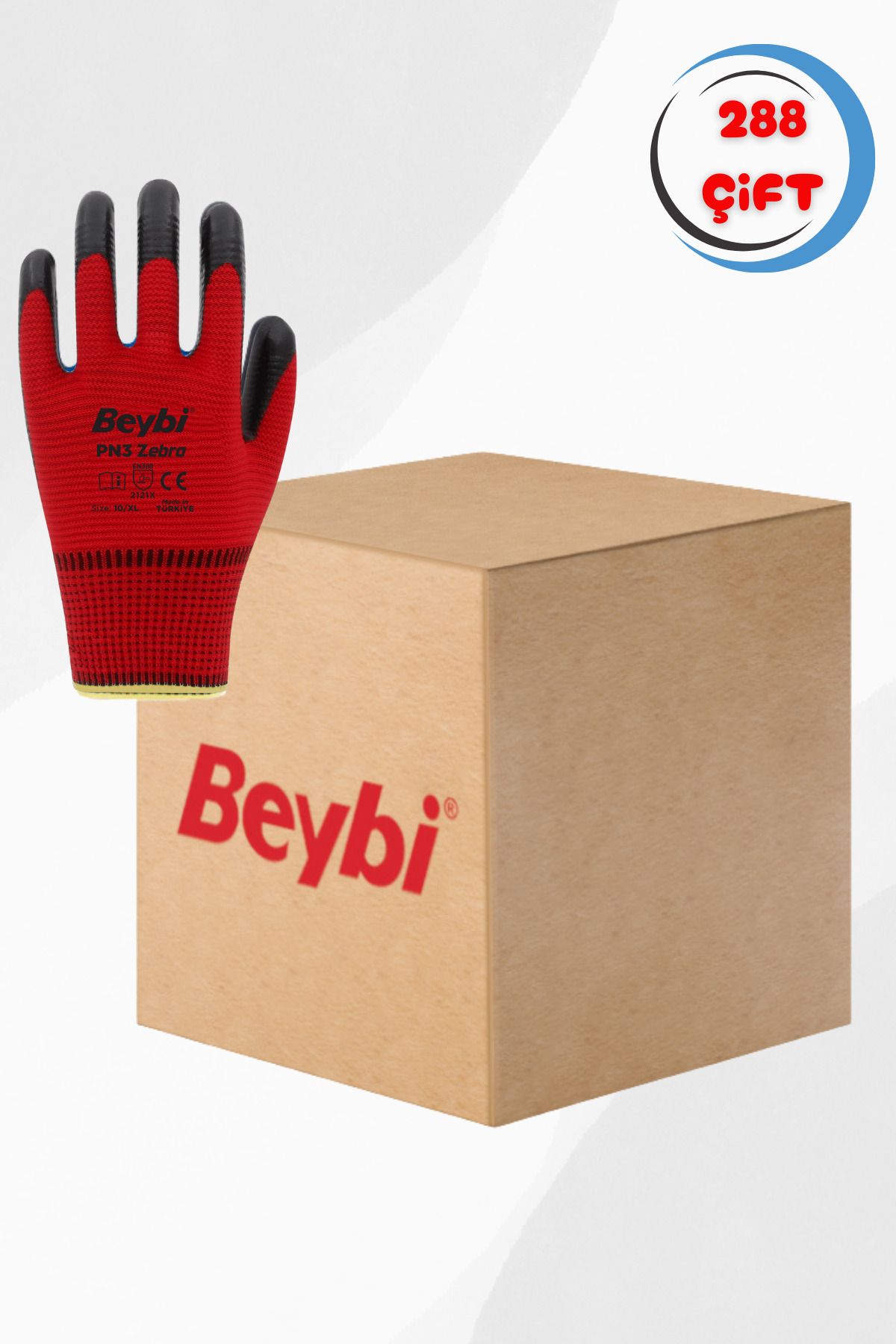 Beybi PN3 Zebra Nitril Kaplı Polyester Eldiven Kırmızı 1 koli ( 288 çift )