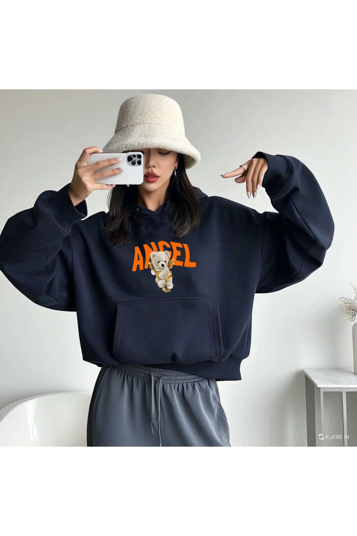 DEEPSENCE Unisex Lacivert Kapüşonlu Oversize Sweatshirt  ANGEL