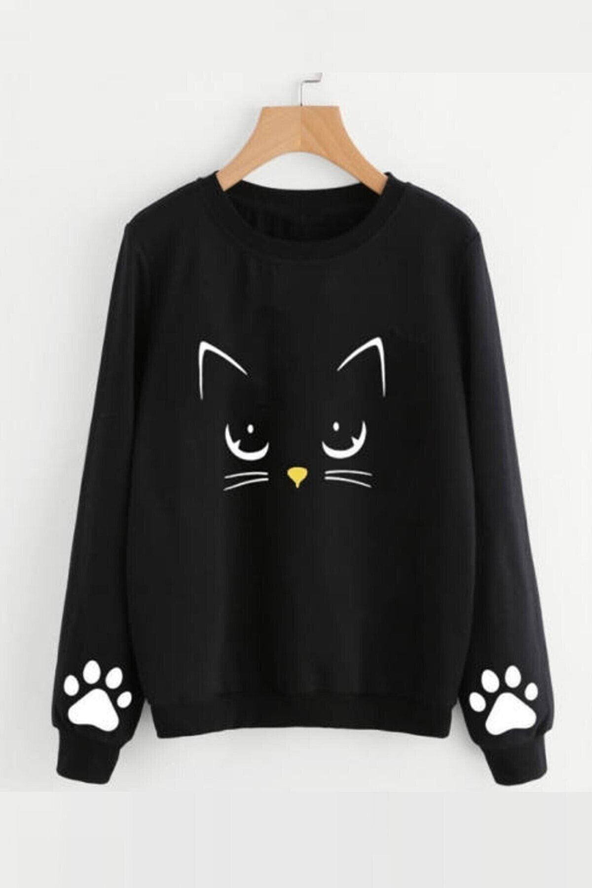 Charme Elegant 'büyük Beden' Oversize Siyah Meov Kedi Baskılı Sweatshirt