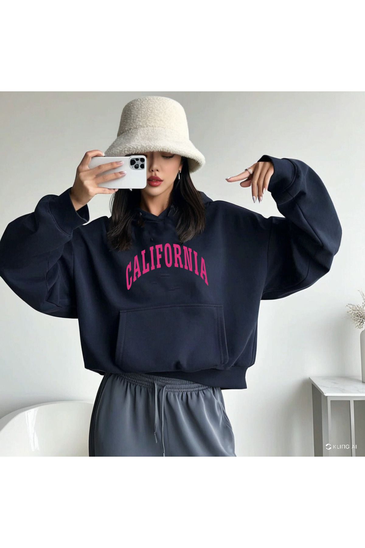 DEEPSENCE Unisex Lacivert Kapüşonlu Oversize Sweatshirt  Calıfornıa pembe baskı