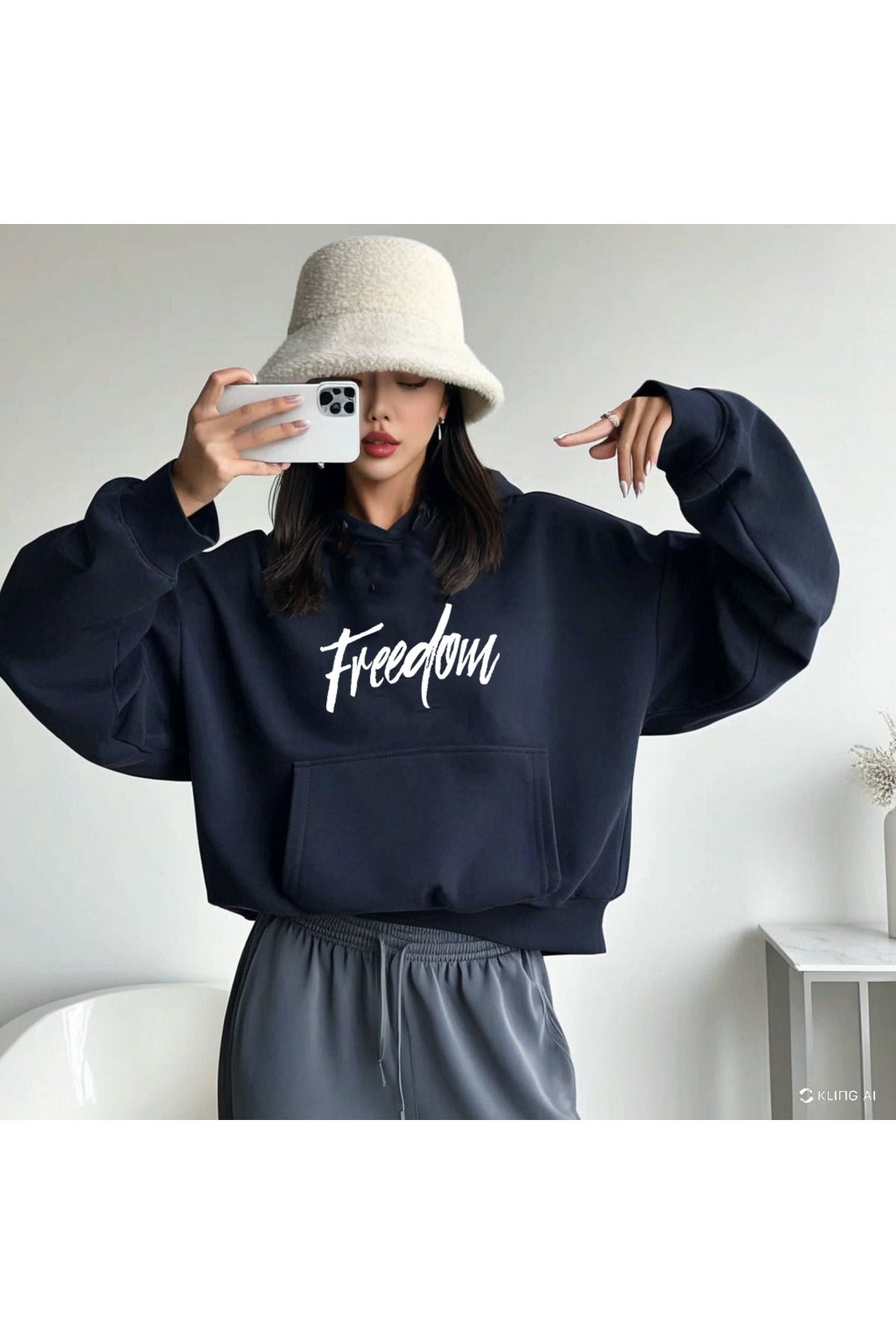 DEEPSENCE Unisex Lacivert Kapüşonlu Oversize Sweatshirt Freedom