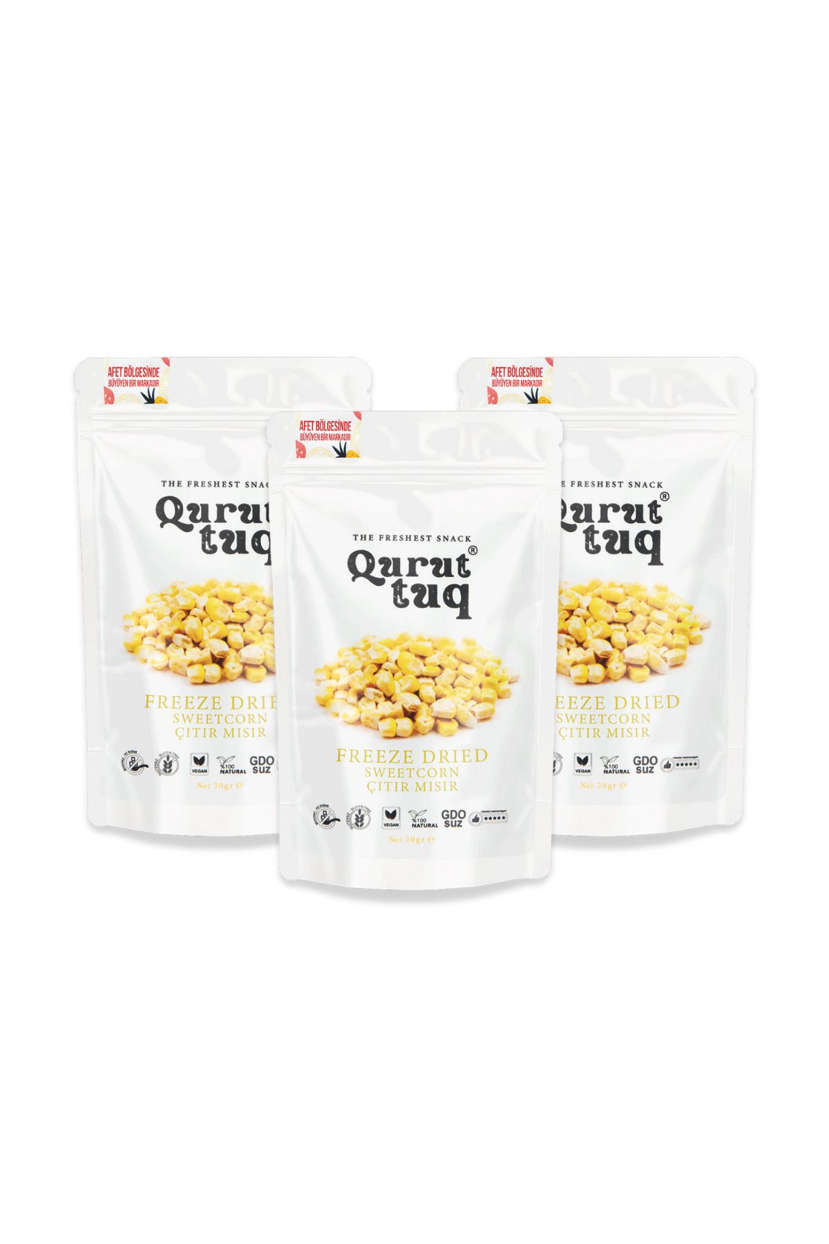 QuruttuQ 3'lü Paket Freeze Dried-Dondurularak Kurutulmuş Çıtır Mısır Cipsi Katkısız-Şeker İlavesiz 3x20gr