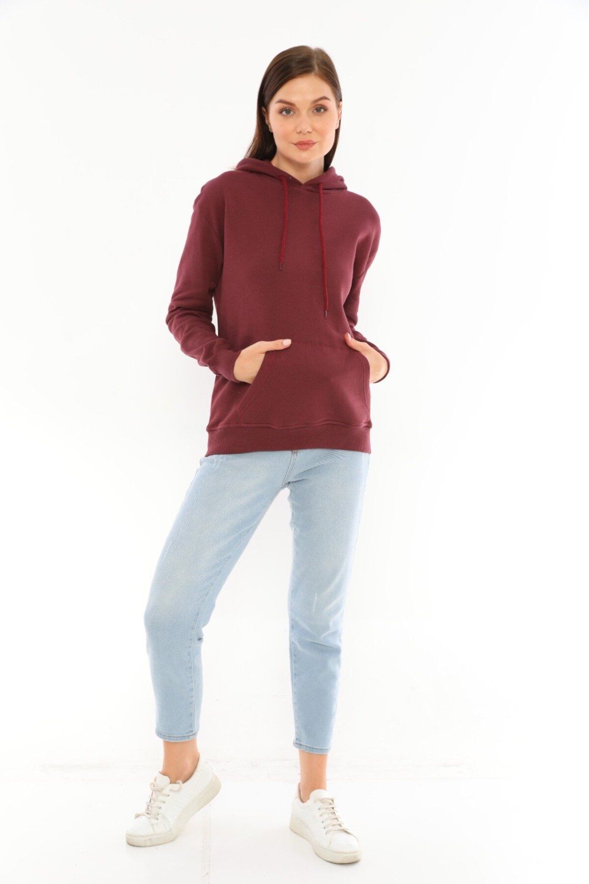 SOFT Kapüşonlu Bordo Basic Sweatshirt