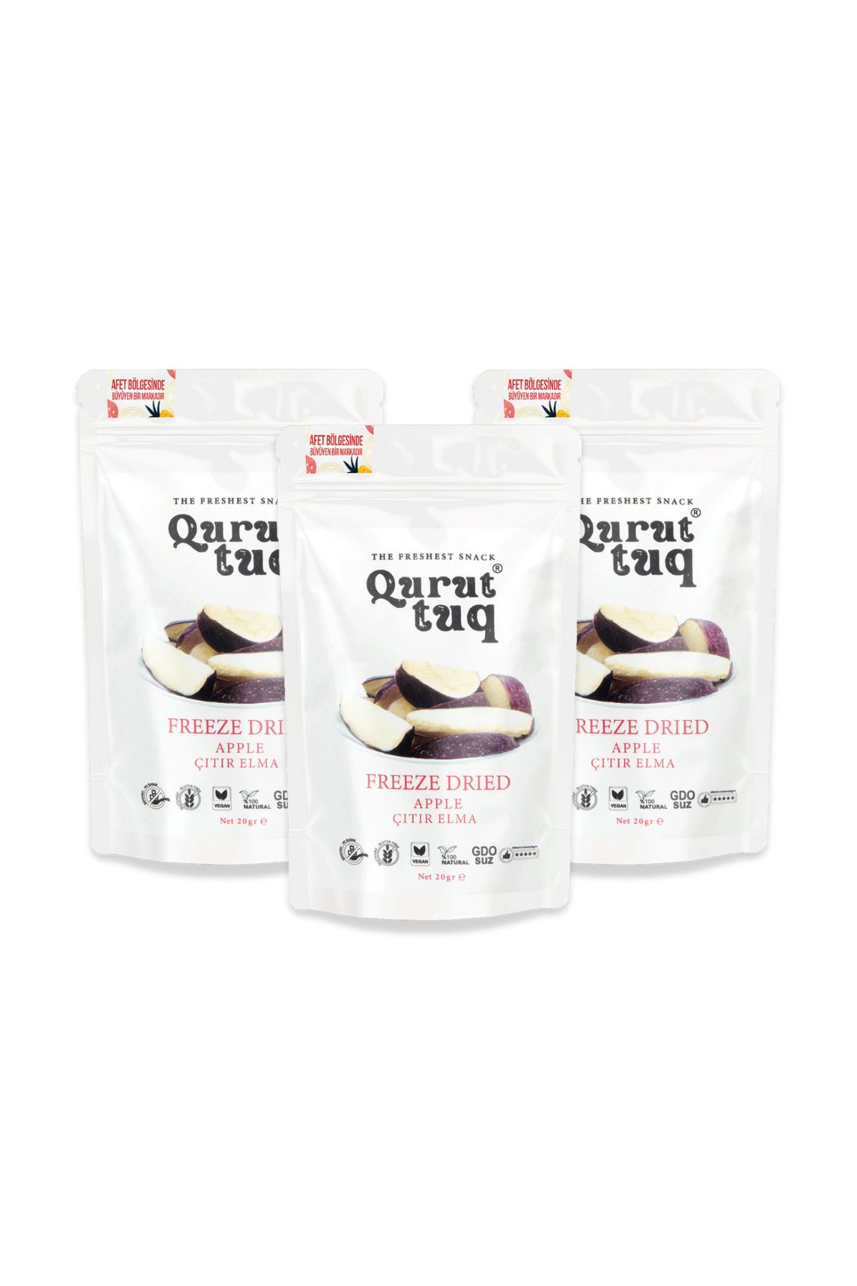 QuruttuQ 3'lü Paket Freeze Dried-Dondurularak Kurutulmuş Çıtır Elma Cipsi 3x20gr