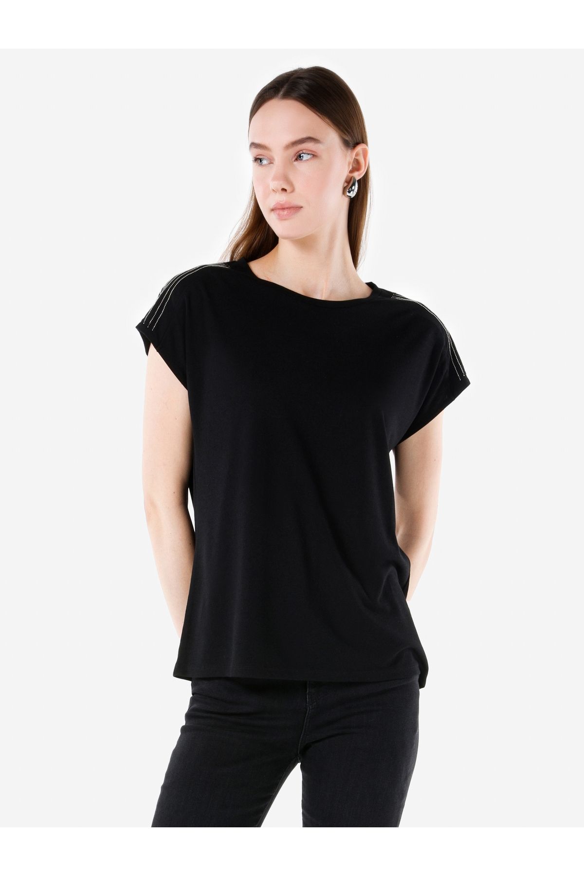 Colin's-Tricou negru de damă - decolteu, croială obișnuită, mânecă scurtă Cl 1067289 1