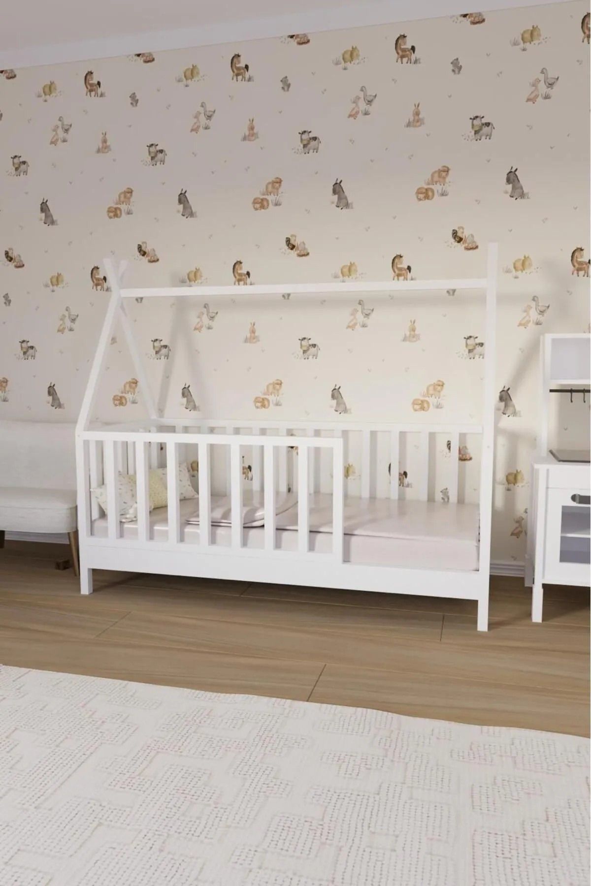 BRK Design Bebek ve Çocuk Montessori Doğal Çam Karyola Çapraz Çatı