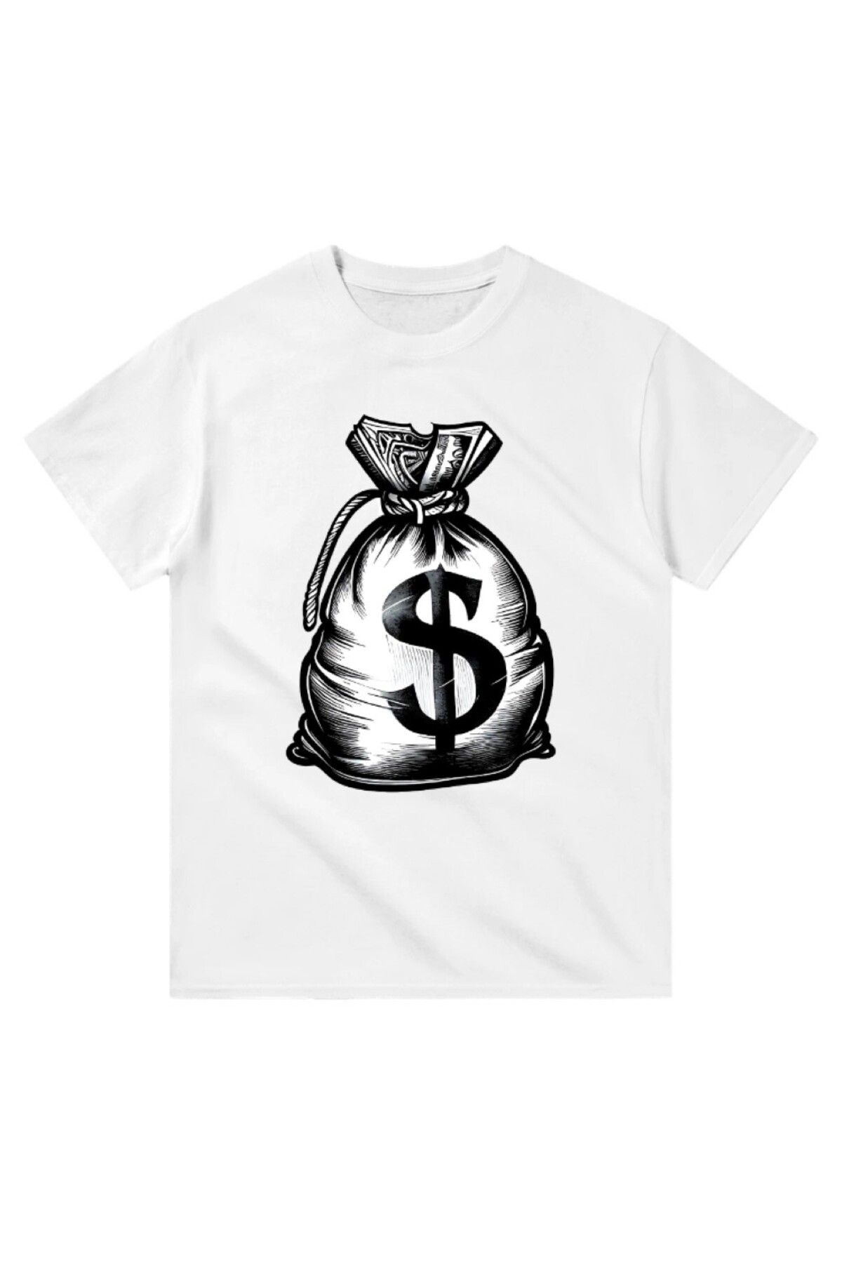 Cooqpoo Dolarlı Para Çuvalı Baskılı XS-S-M-L-XL-2XL Beden Kadın Erkek Unisex Pamuklu Beyaz Tshirt