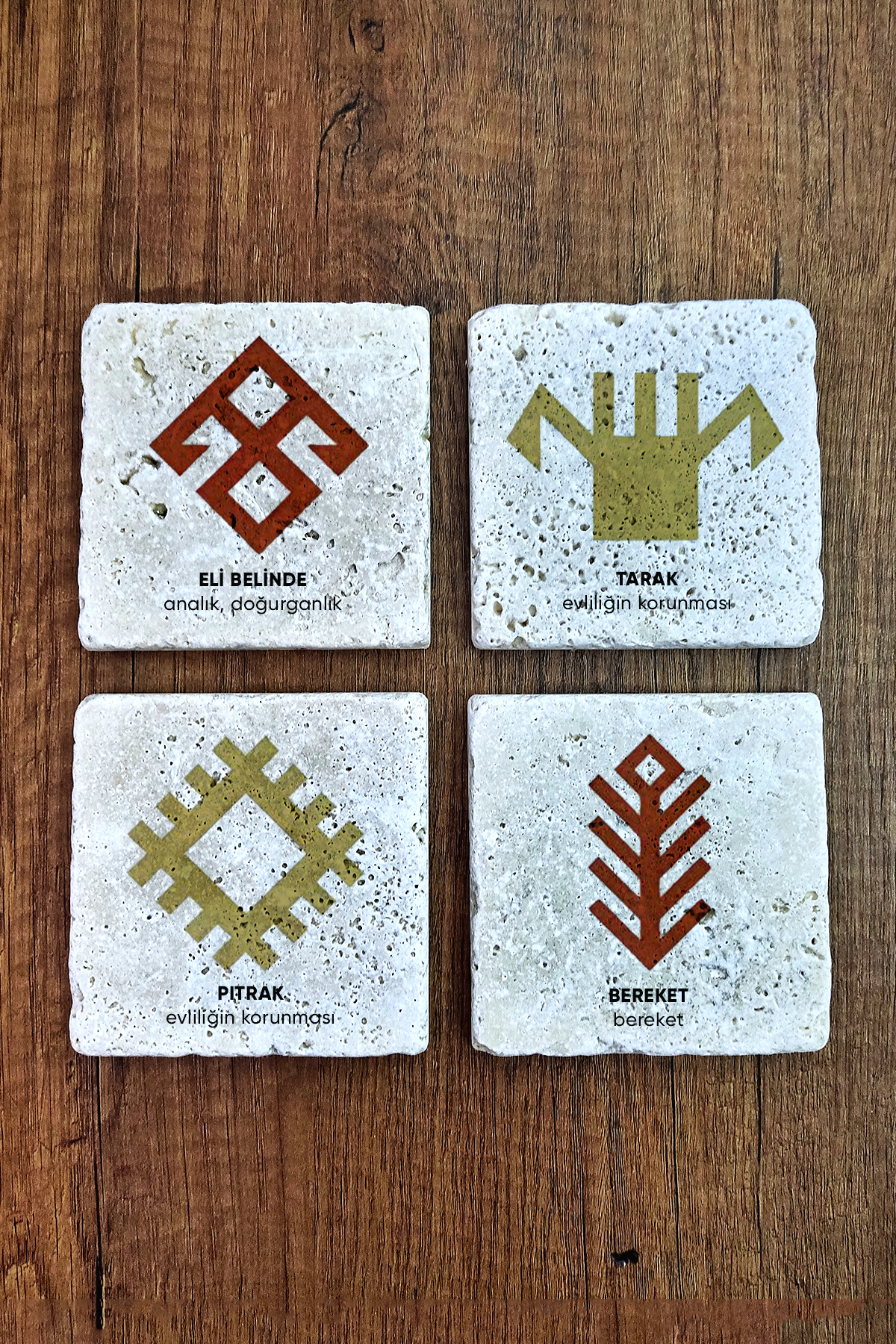Natural Stone Coaster Set of 4 10x10x1 cm Anatolian Motifs Stone Coasters