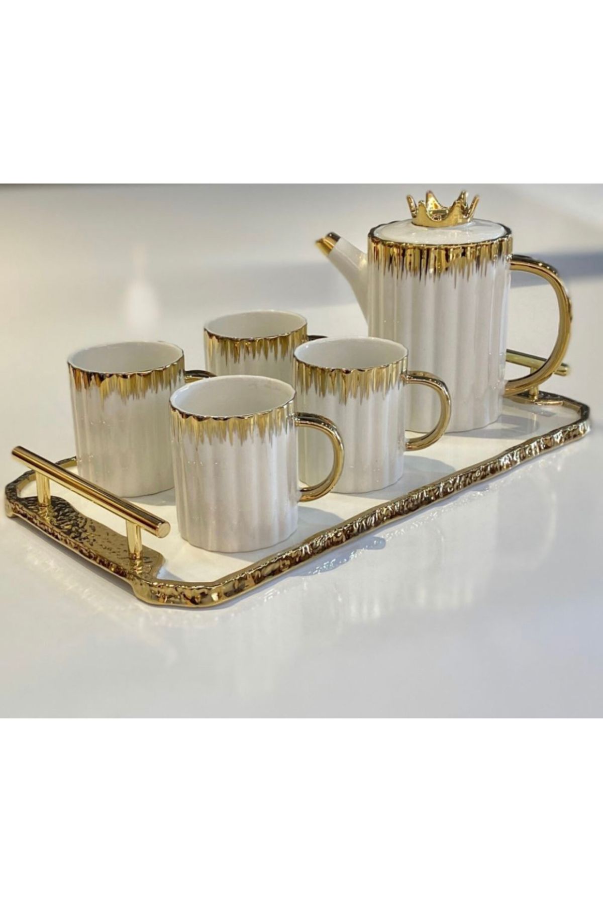 Home 1266  Dekor Yaşdızlı Tepsili Nescafe Set Gold Beyaz