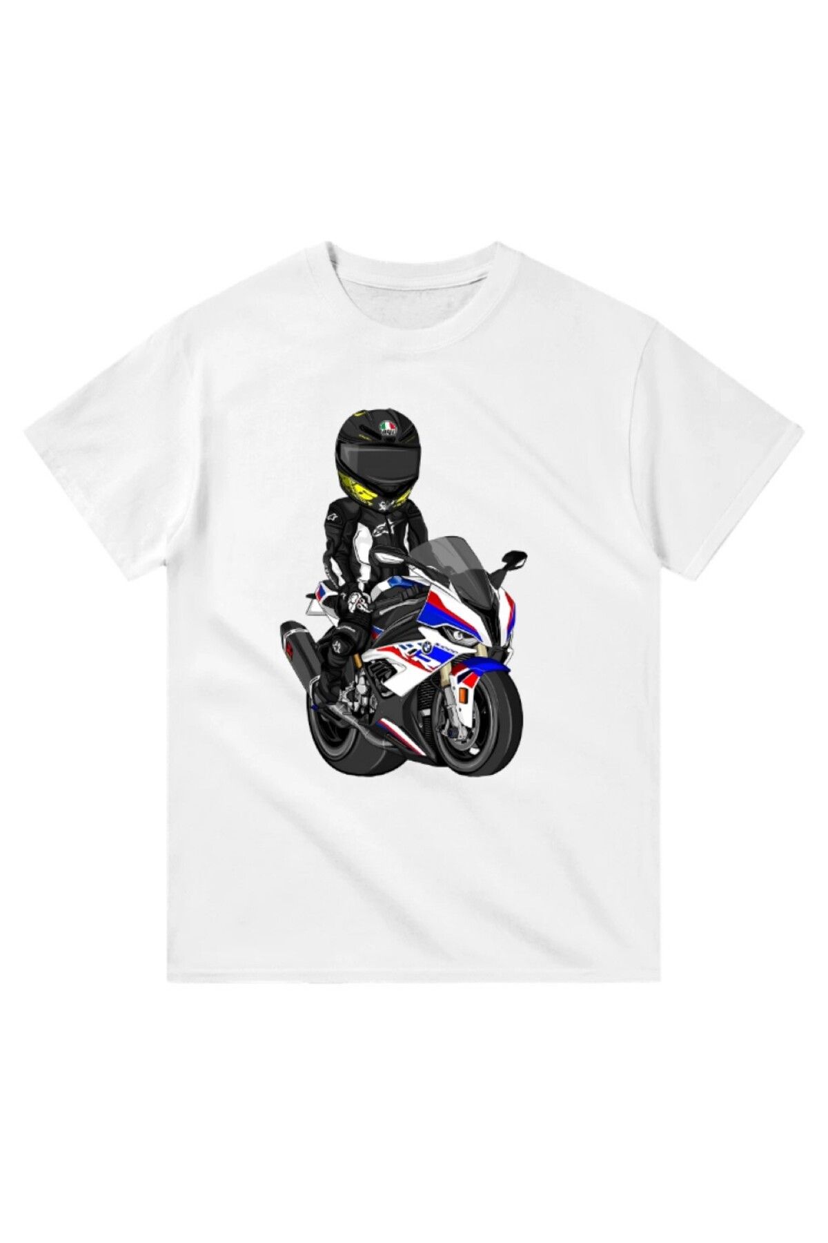 Cooqpoo Motorun Üzerinde Oturan Adam Baskılı XS-S-M-L-XL-2XL Beden Kadın Erkek Unisex Pamuklu Beyaz Tshirt