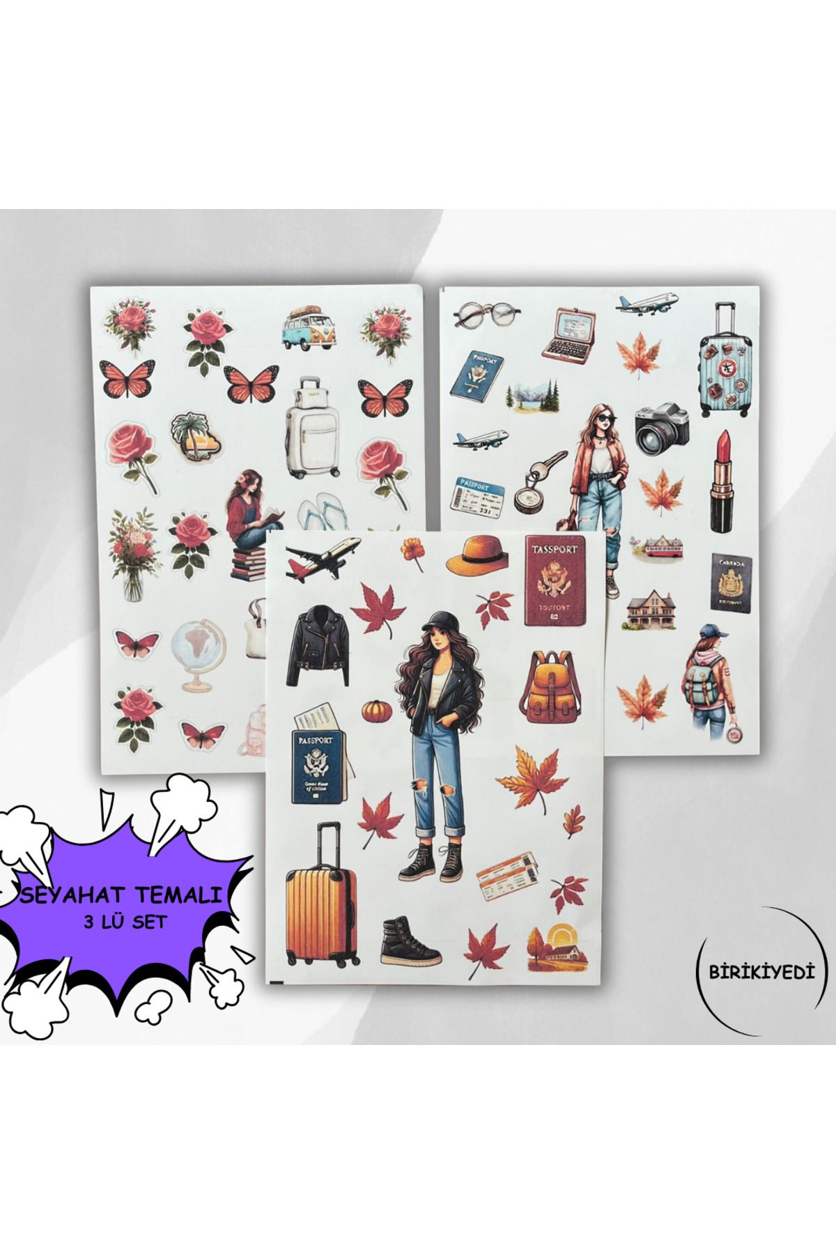 birikiyedi Seyahat Temalı 3 lü set Sticker Planner Ajanda Bullet Journal Için Uygun Set