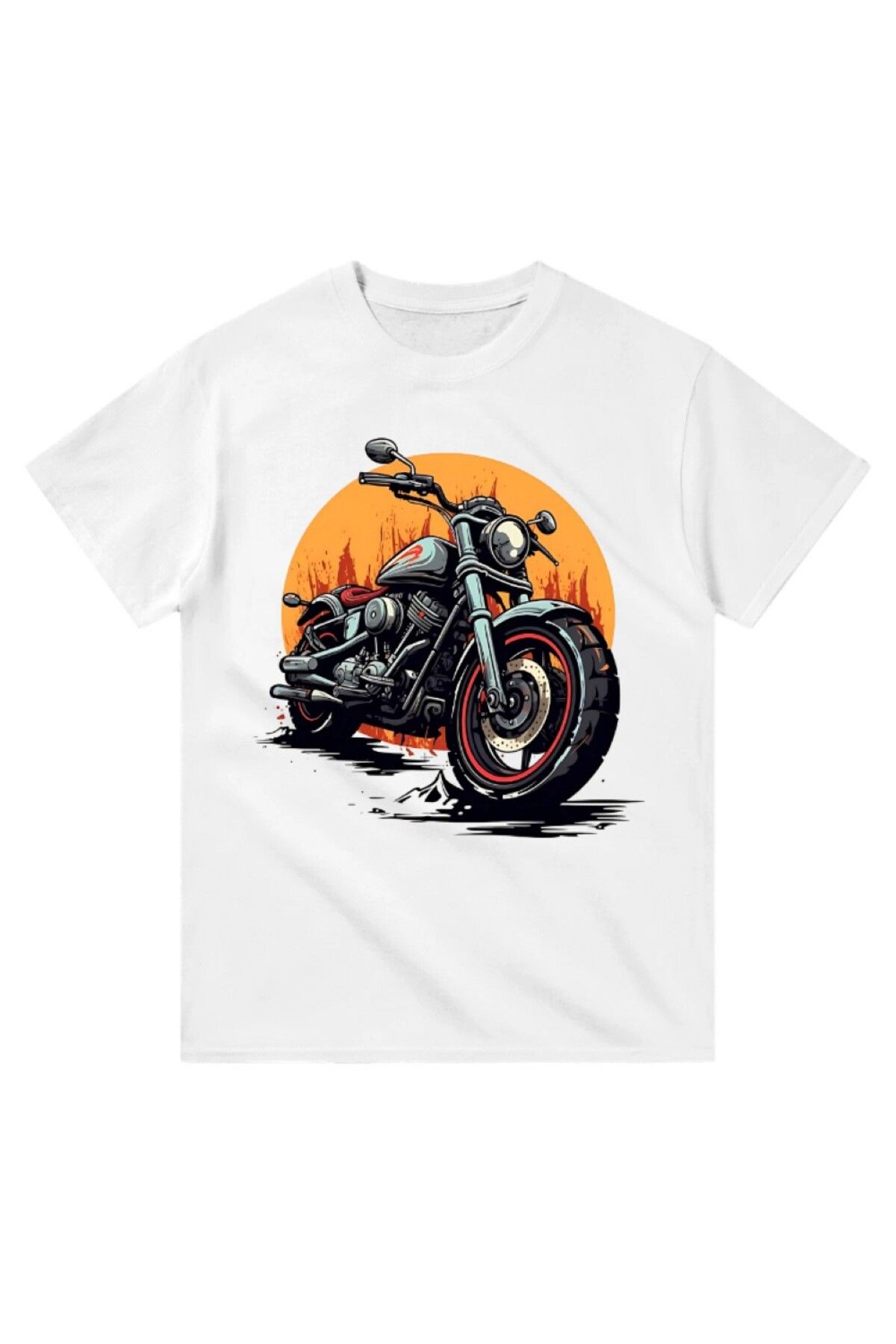 Cooqpoo Havalı Motor Baskılı XS-S-M-L-XL-2XL Beden Kadın Erkek Unisex Pamuklu Beyaz Tshirt