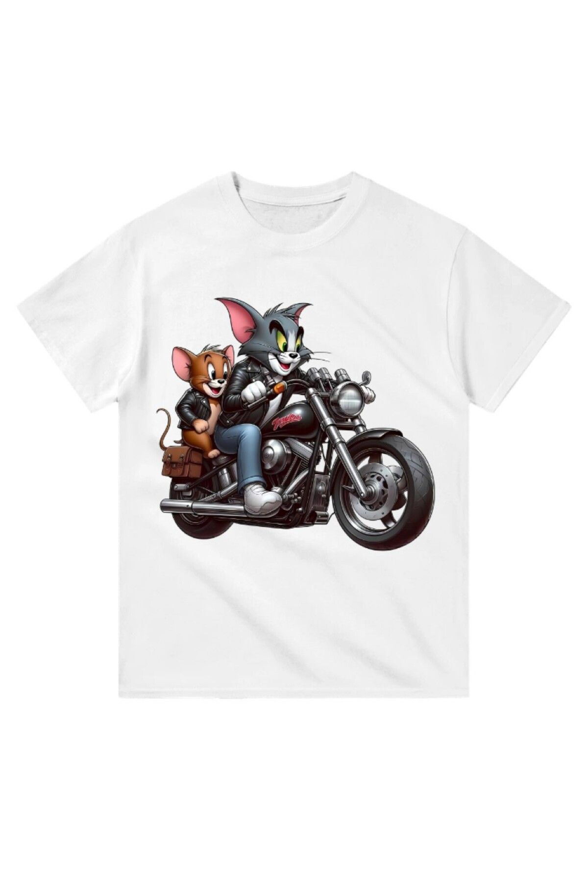 Cooqpoo Motora Binen Kedi Fare Baskılı XS-S-M-L-XL-2XL Beden Kadın Erkek Unisex Pamuklu Beyaz Tshirt