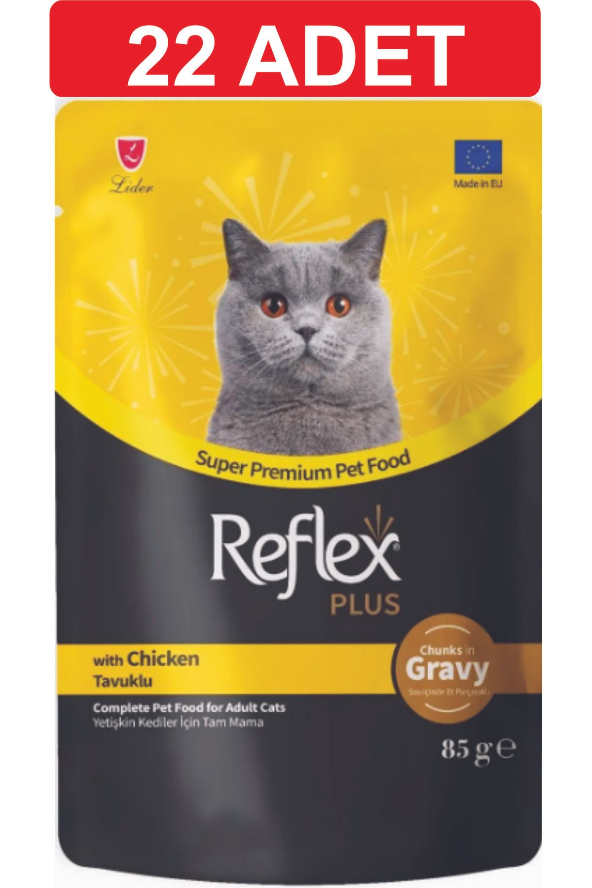 Reflex yetişkin kediler için pounch gravy soslu ve et parçacıklı yaş mama 22 adet x 85 gram