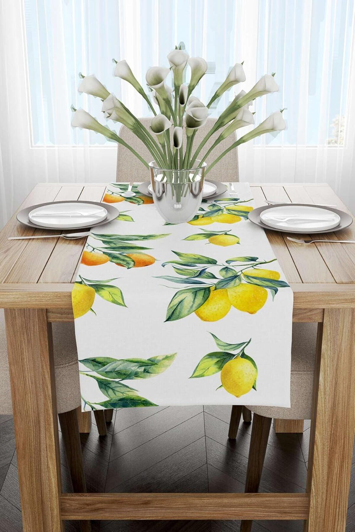 NcK Home OYTYK895-RN Limon Desenli Dijital Baskılı Runner, Beyaz/Sarı, 40x140 cm