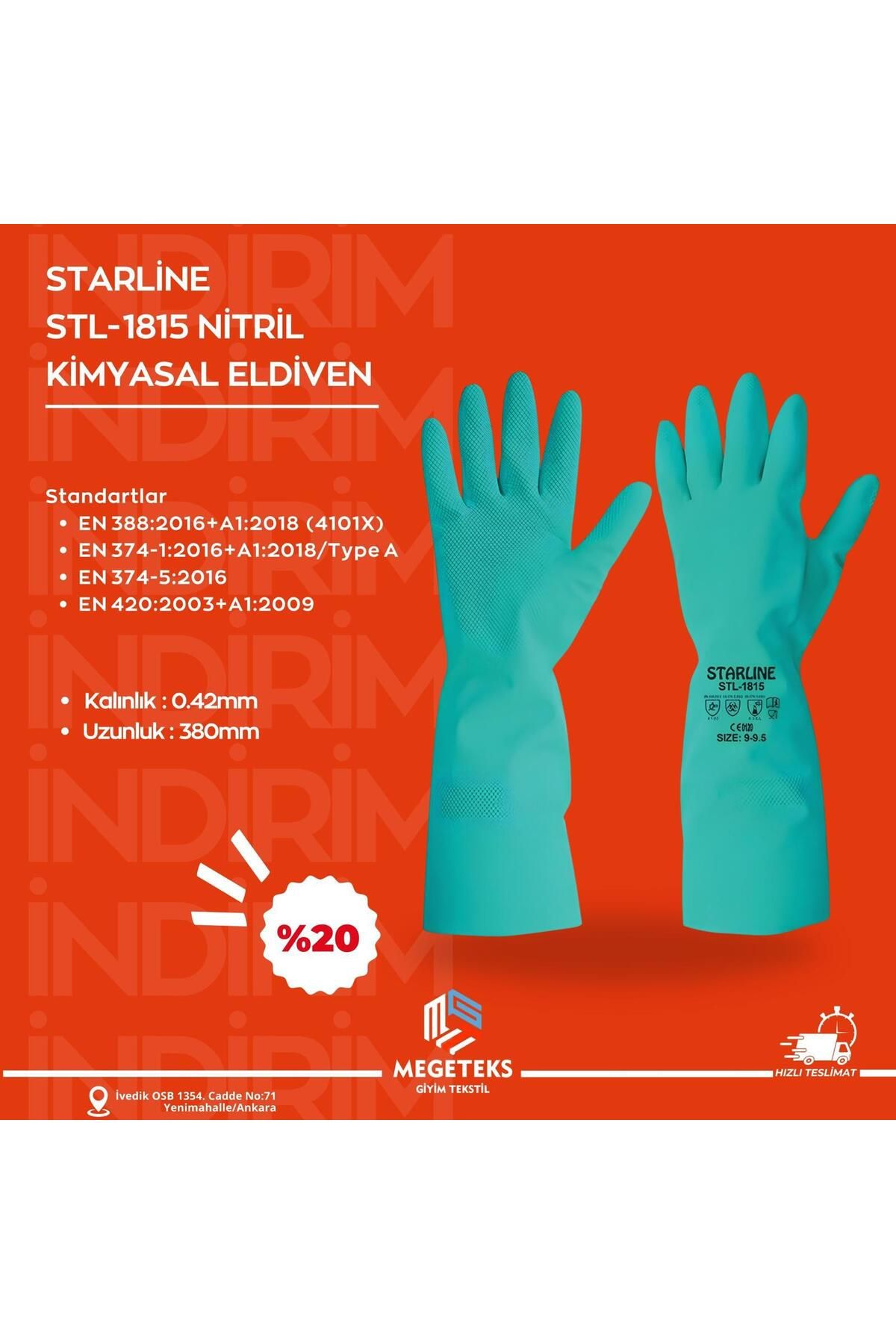 megeteks Starline STL-1815 Nitril Kimyasal Yeşil Asit Eldiveni 380 mm