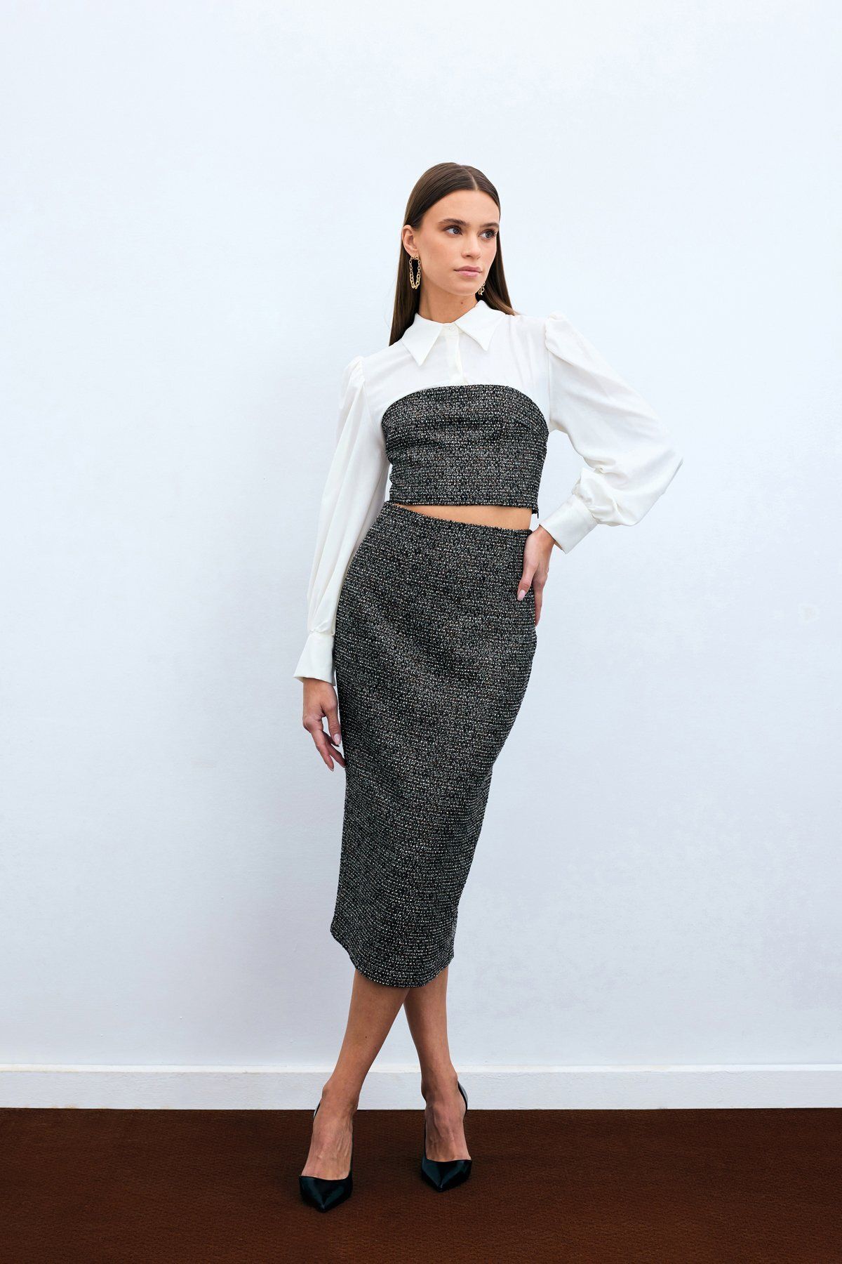 Sateen-Coffee Color Tweed Pencil Skirt 2