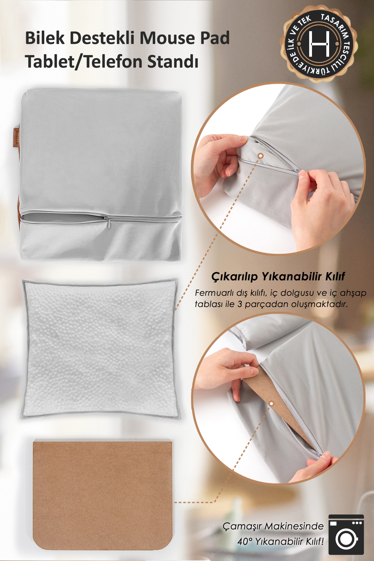 HAMUR-Mousepad με μαξιλαράκι/μαξιλάρι στήριξης καρπού Tablet Phone Stand Πλένεται ύφασμα Δερμάτινο Λεπτομερές γκρι 3
