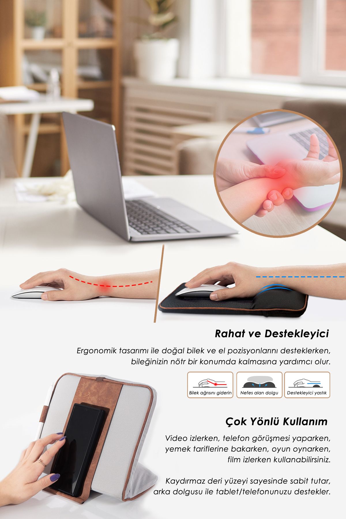 HAMUR-Mousepad με μαξιλαράκι/μαξιλάρι στήριξης καρπού Tablet Phone Stand Πλένεται ύφασμα Δερμάτινο Λεπτομερές γκρι 4