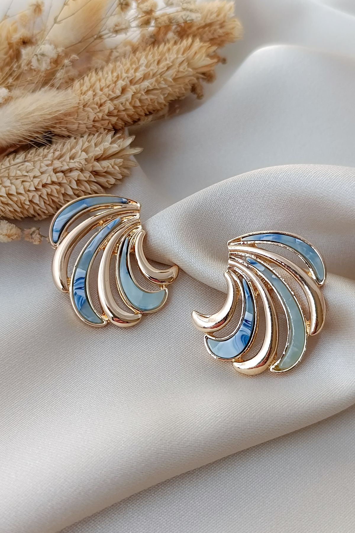 COSİTA-Blue Gold Waveform Stone Detail Modern Stylish Design Earrings 3